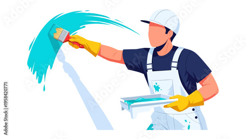 Painter at Work: A painter, equipped with a brush and paint, meticulously applies vibrant color to a surface, showcasing dedication and craftsmanship in their work.