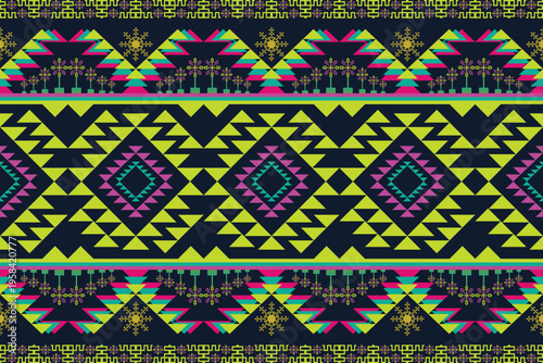 Neon Tribal Pattern, Hmong Style Cross Stitch, Geometric Seamless Ethnic Motif, CMYK ,Neon Hmong cross stitch seamless tribal pattern. Striking geometric ethnic design for bohemian textiles 