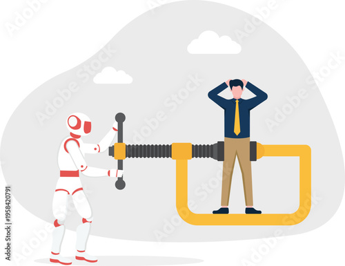 Robot using a mechanical clamp on a stressed businessman representing digital takeover