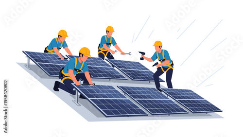 Solar Panel Installation: A team of skilled technicians diligently installs solar panels on a rooftop, symbolizing the dawn of sustainable energy and a greener future.