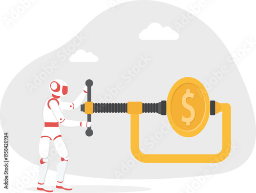 Robot using a mechanical clamp on a gold coin representing automated financial control