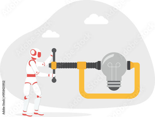 Robot using a mechanical clamp on a lightbulb representing automated innovation