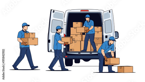 Delivery Crew in Action: A team of couriers efficiently loads and unloads packages from a van, showcasing the logistics of item transport.