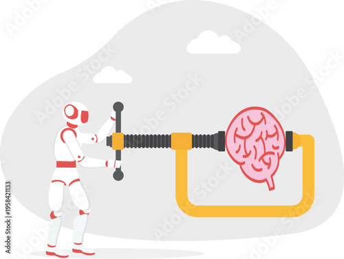 Robot using a mechanical clamp on a brain representing AI cognitive processing