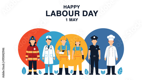 Labor Day Illustration: A colorful and respectful illustration commemorates Labor Day on May 1st, featuring diverse essential workers standing united.