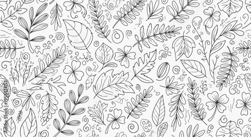 Seamless pattern of hand-drawn botanical elements, leaves, and swirls in a delicate black and white sketch style