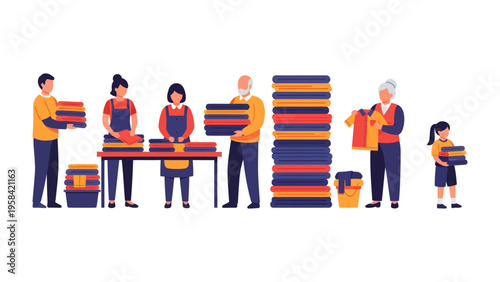 Community Aid and Sharing: A diverse group of individuals of all ages gather to sort and organize items, representing the spirit of unity and generosity within a community.