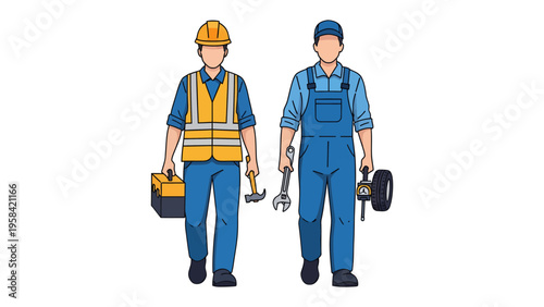 Industrial Professionals: Two skilled technicians stride confidently, equipped with tools, ready to tackle any project. The image captures the essence of expertise and reliability.
