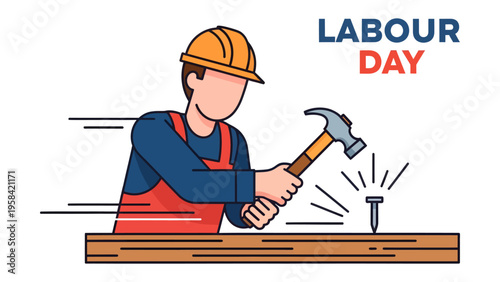 Labour Day Celebration: A graphic depiction of a dedicated worker with safety equipment, diligently hammering a nail into wood, symbolizing the spirit of labor and the significance of the special day.