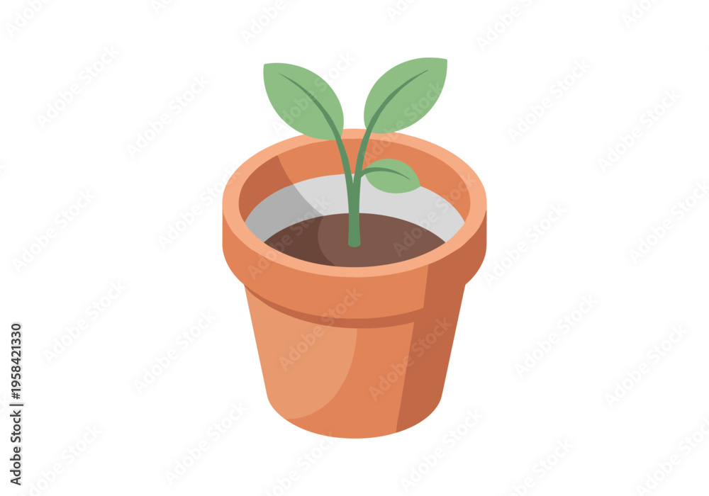 Obraz premium Small green seedling growing in a terracotta pot with dark soil