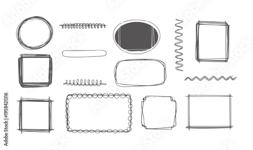 Hand drawn sketchy frames and dividers in dark gray border doodle