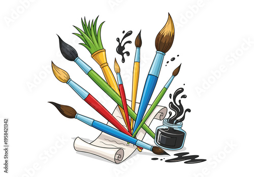 Collection of colorful art brushes and ink bottle on white background