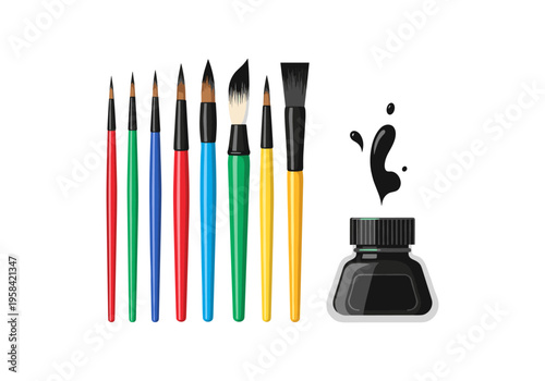Collection of colorful paintbrushes and ink bottle with splashing ink