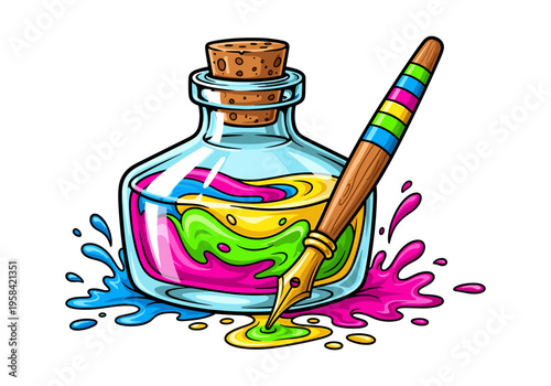 Colorful ink bottle with fountain pen and splashes of paint