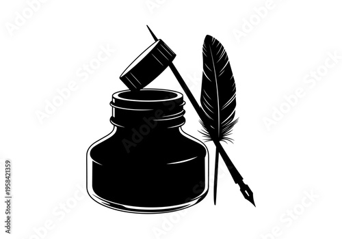 Vintage inkwell and quill pen for writing and calligraphy