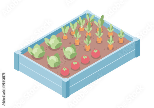 Raised garden bed with fresh vegetables growing in neat rows