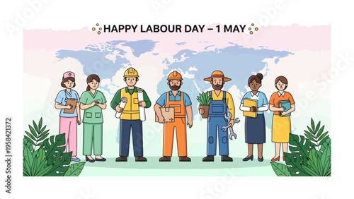 Labour Day Greetings: A diverse group of hardworking individuals from different professions, standing united to celebrate Labour Day, representing the spirit of service and dedication