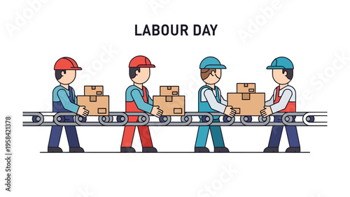 Labour Day Teamwork: Illustrative representation of workers collaborating, moving packages on a conveyor belt, with Labour Day inscribed above, symbolizing the importance of the workforce.