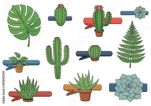 Collection of cartoon desert plants and foliage with clips