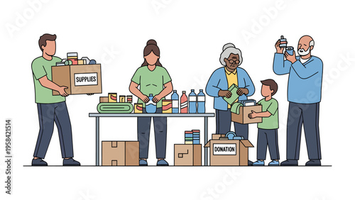 Community of Support: A compassionate scene unfolds as volunteers and recipients collaborate, offering essentials to a diverse group, promoting human connection.