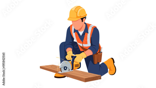 Precision and Craftsmanship: A construction worker, expertly wielding a circular saw, demonstrating precision and dedication to the craft, showcasing the intricacies of construction work.
