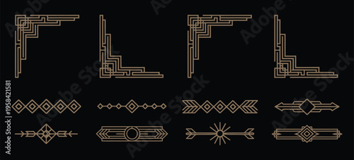 Art Deco line gold frames set, elegant vintage geometric borders with gold line style, luxury decorative frame collection for invitations, branding, packaging and premium design projects, clean vector