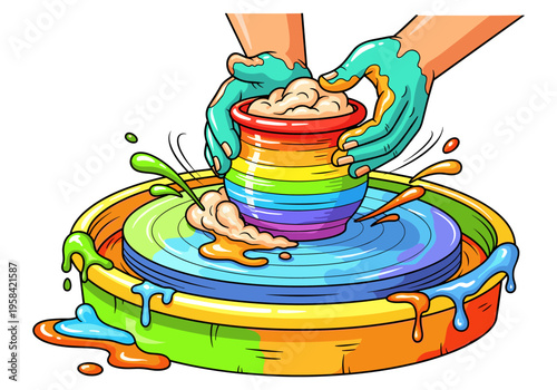 Hands shaping rainbow clay on a pottery wheel with colorful splashes