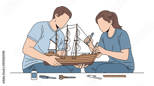 Shared Crafting a Ship Model: Capturing a shared passion, a couple are engrossed in the delicate process of constructing a miniature ship model.
