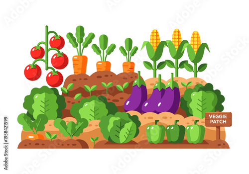 Vibrant vegetable garden illustration with diverse crops growing in fertile soil