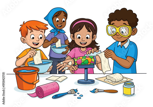 Diverse children engaged in a creative craft project, making colorful art