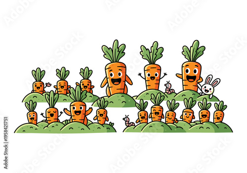 Happy cartoon carrots growing in a garden with a bunny and worms