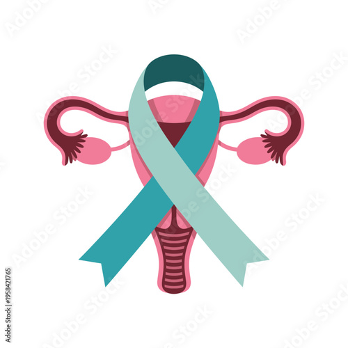 A teal ribbon wrapped around a female reproductive system symbol