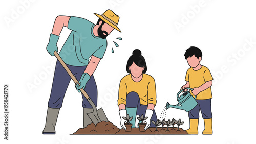 Family Gardening Together: A family of three engages in the rewarding activity of gardening, illustrating the joy of shared moments and connection to nature.