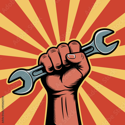 A clenched fist holding a wrench in front of sunburst