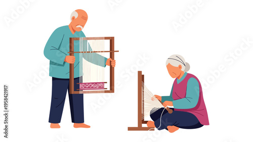 Artisan Weaving:  An elder artisan couple demonstrate their passion for weaving by their detailed manual skills and traditional artwork that captures the elegance and the skill in weaving.