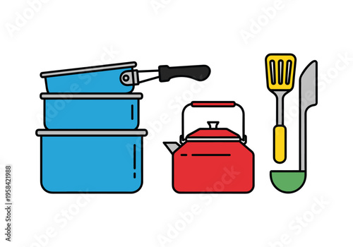 Collection of colorful kitchenware including pots, kettle, and utensils