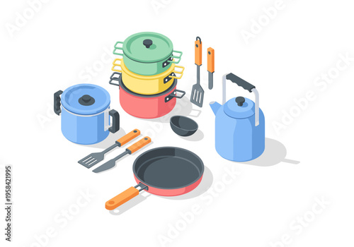 Collection of colorful kitchenware and cooking utensils in isometric view