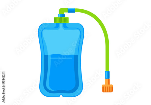 Blue hydration bladder with green tube and orange mouthpiece for outdoor activities