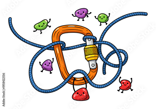 Cute cartoon climbing carabiner with happy jelly bean characters and rope