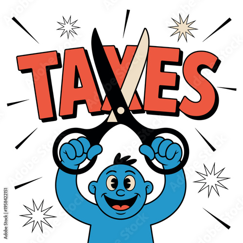 A cartoon character cutting taxes with scissors in a playful illustration