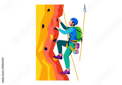 Person climbing an indoor rock wall with safety gear and backpack