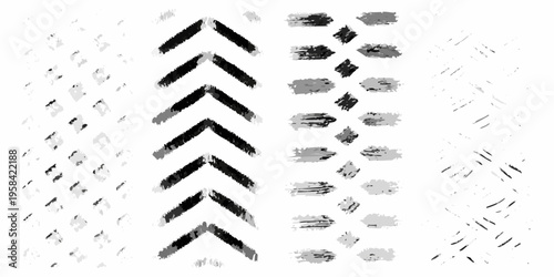 Black and gray tire track impressions on a white background