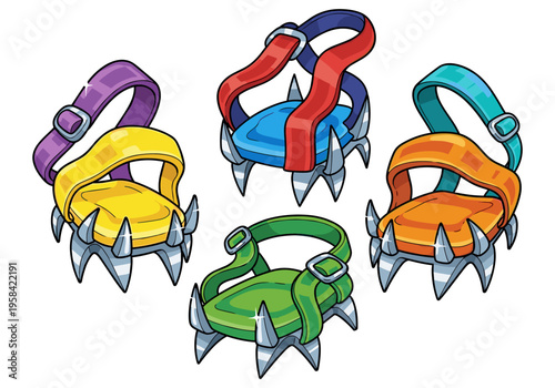 Collection of colorful cartoon crampons for winter sports and mountaineering