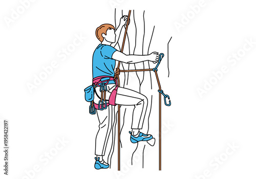 Rock climber ascending a vertical cliff face with safety gear and ropes