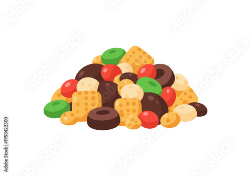 Colorful pile of assorted crunchy snacks and sweet treats on white background