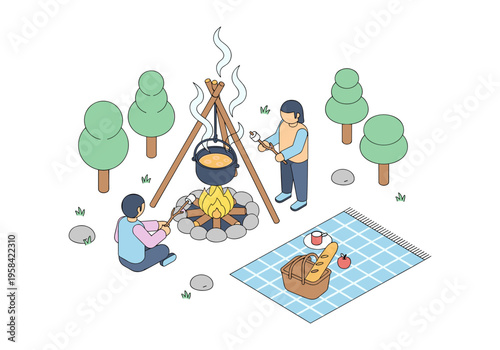 Two people enjoying a campfire meal and roasting marshmallows in a forest setting