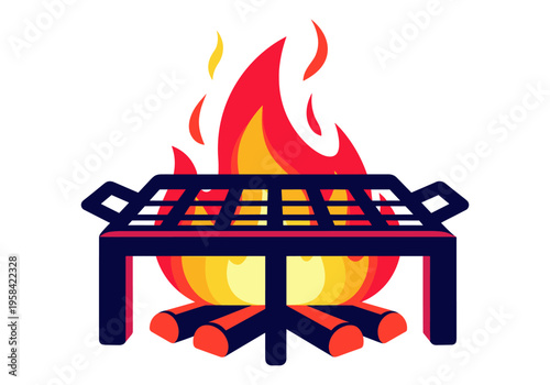 Barbecue grill with vibrant flames and logs for outdoor cooking