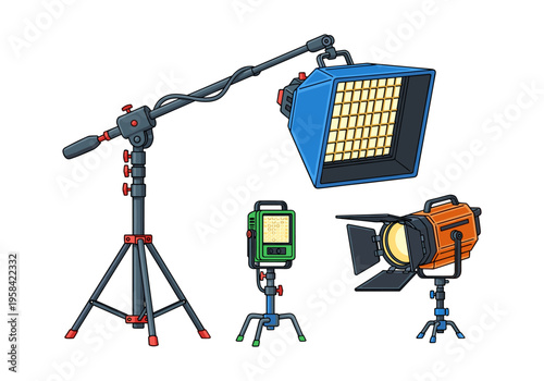 Collection of professional film and broadcast lighting equipment on stands