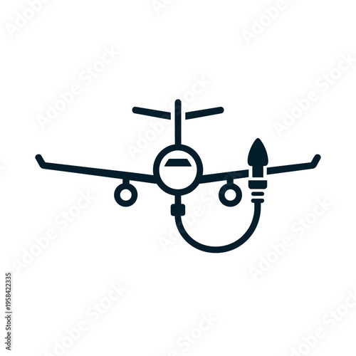 A simple black and white illustration of an airplane refueling
