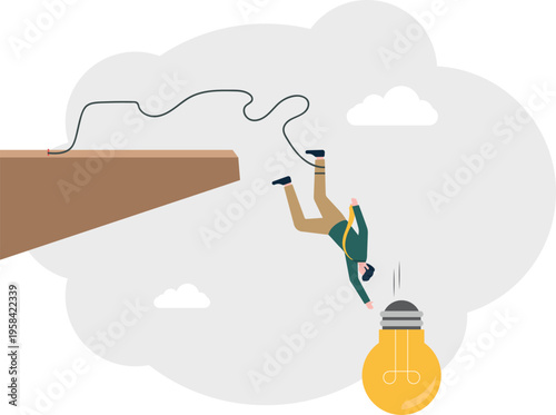 Businessman bungee jumping from a cliff to catch a creative lightbulb representing idea search
